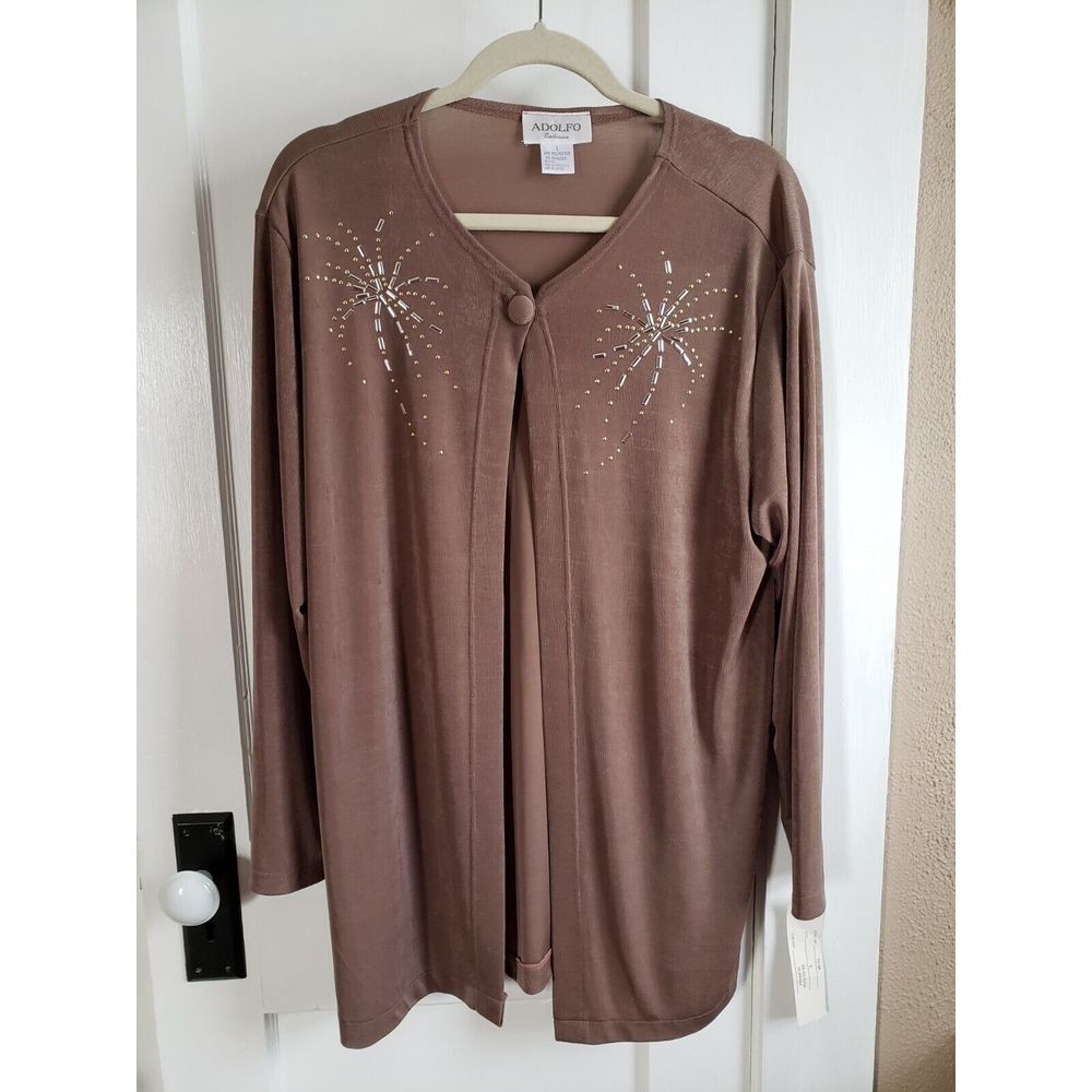 NWT Adolfo Exlusive Women's brown long sleevesBeaded Long Cardigan Large